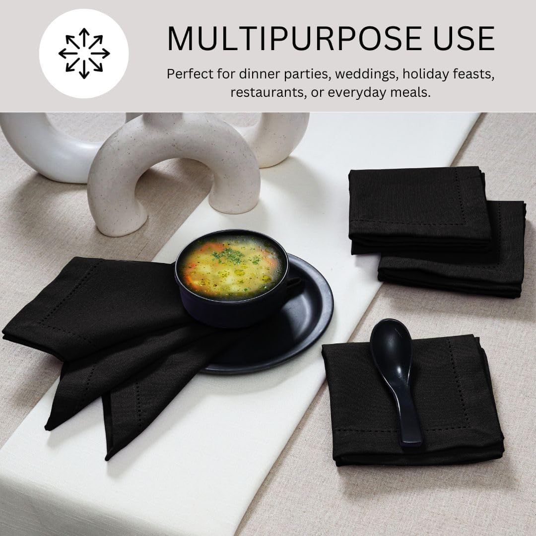 Hemstitch Cloth Dinner Napkins 100% Cotton Set of 12 - for Dining Special Occasions Weddings Parties Holidays Easter - Soft Durable Reusable - 18x18 Inch Table Cloth Napkins Black