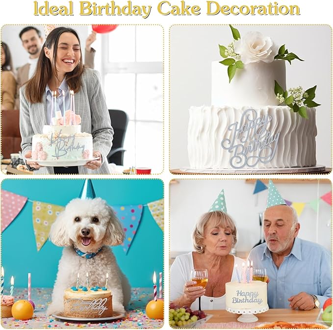 6 Silver Happy Birthday Cake Topper Set: Acrylic Cake Signs, Side Mirror Inserts & Cupcake Accents for Dessert Party Decor