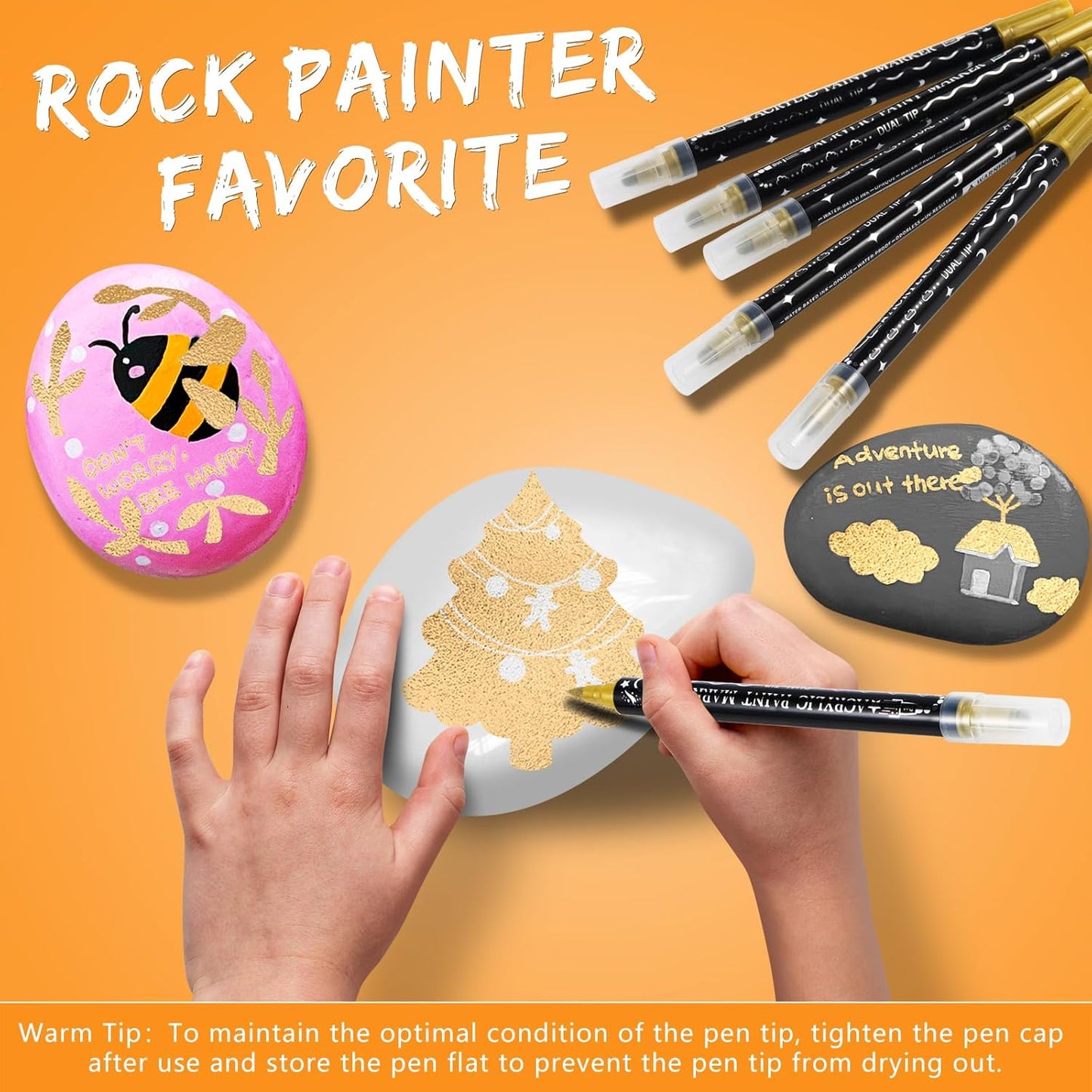 Glod Acrylic Paint Pens Markers, 6 Pc Dual Tips Waterproof Paint Markers For Rock Painting, Fabric, Metal, Glass, Wood, Canvas, Ceramic, Pumpkins, Eggs, Plastic, Non-Toxic & Odor