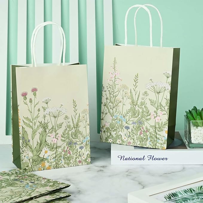Bolsome 24Pcs Vintage Wildflower Paper Gift Bags Retro Floral Party Favor Bags with Handles Herb Goodie Candy Treat Bags for Wedding Birthday Baby Shower Party Supplies