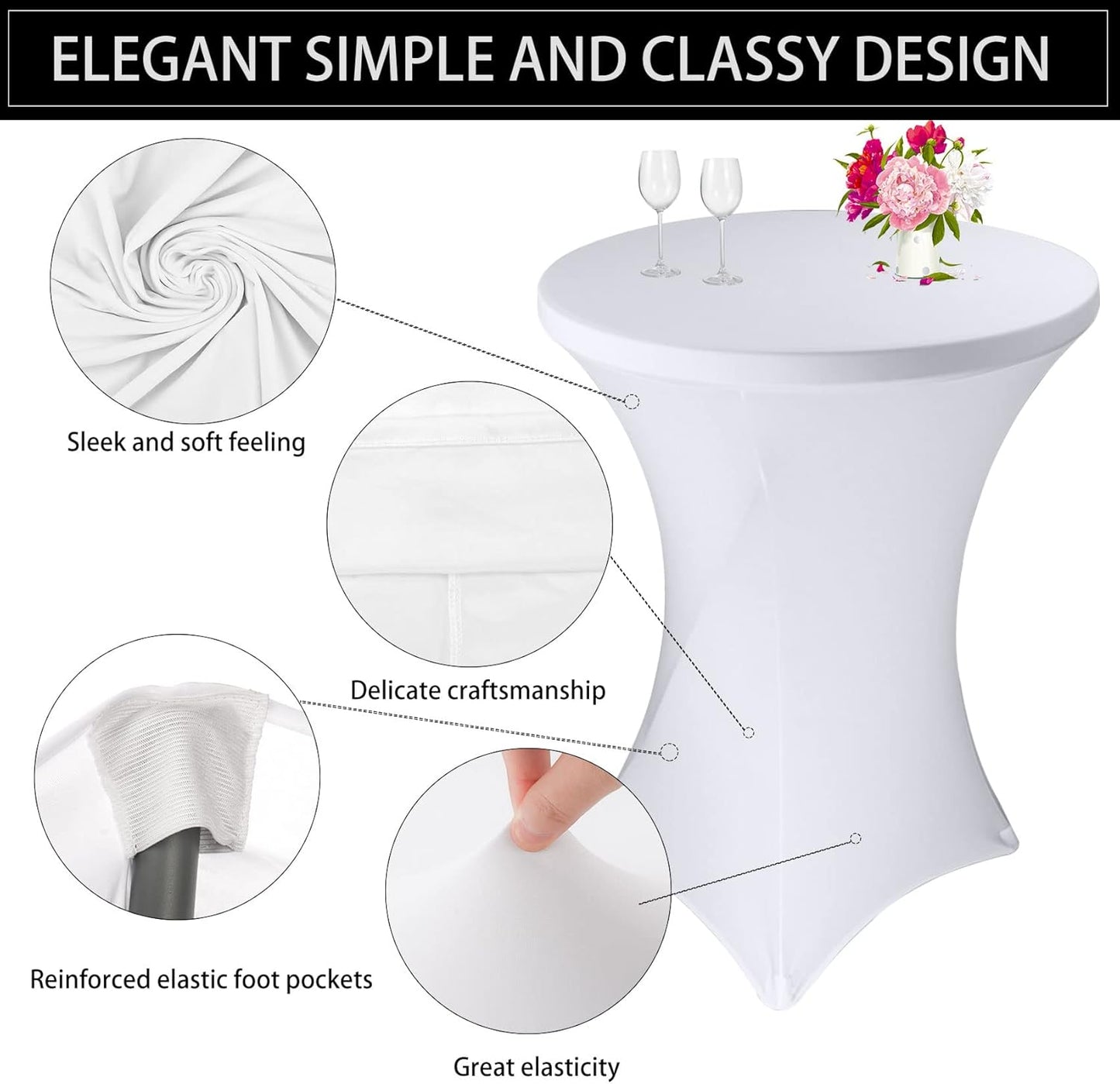 3 Pack Cocktail Spandex Tablecloth 32"x43" Cocktail Table Cover Fitted High Top Round Table for Bar Wedding Birthday Party Banquet (White)