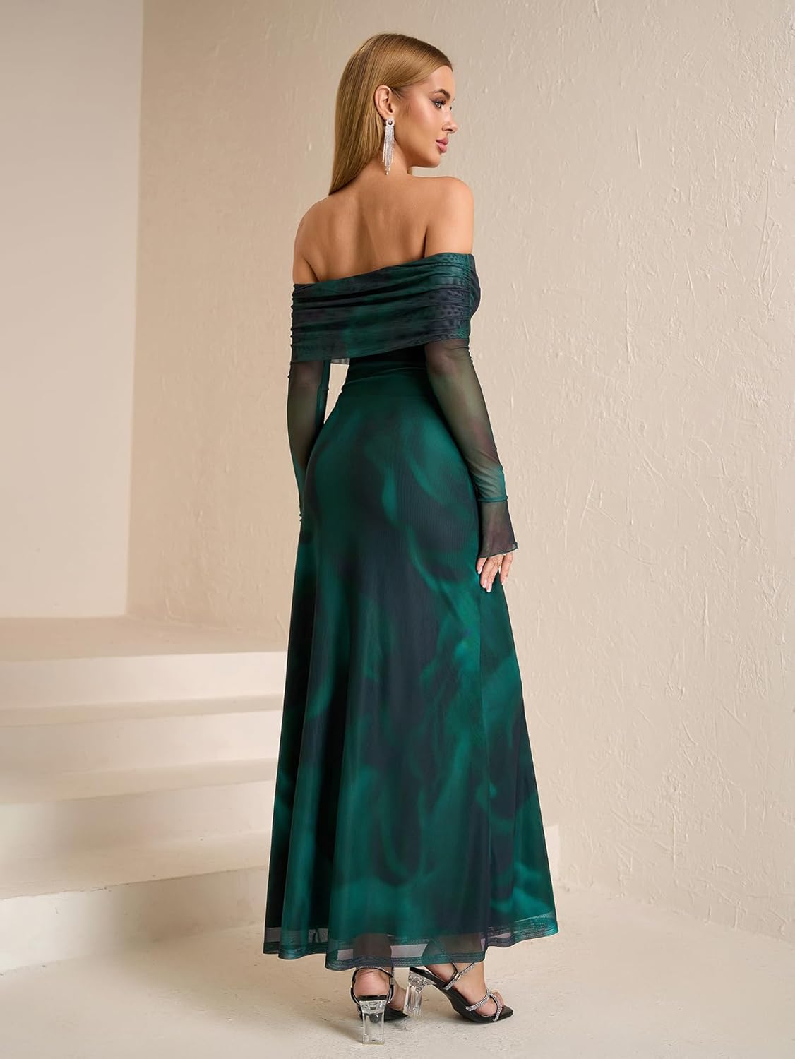 KUTUMAI Women Off Shoulder Bodycon Maxi Dress Long Sleeve Mesh Ruched Party Formal Wedding Guest Dresses
