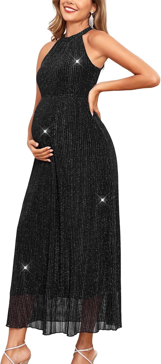 Maternity Sparkly Mesh Dress Halter Neck Sleeveless A Line Pregnancy Dresses Semi Formal Baby Shower Photoshoot