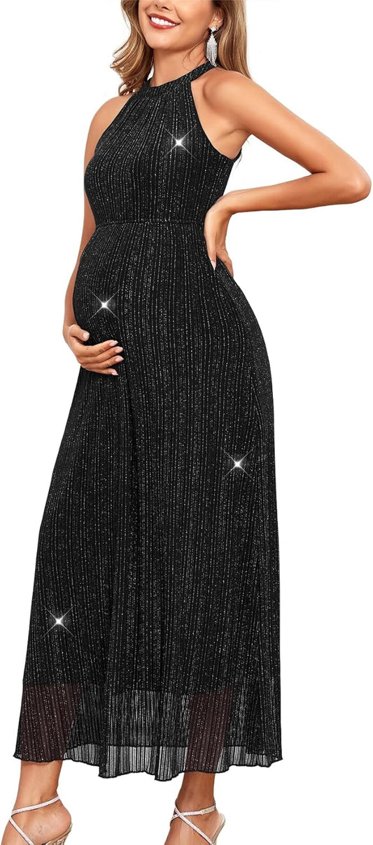 Maternity Sparkly Mesh Dress Halter Neck Sleeveless A Line Pregnancy Dresses Semi Formal Baby Shower Photoshoot