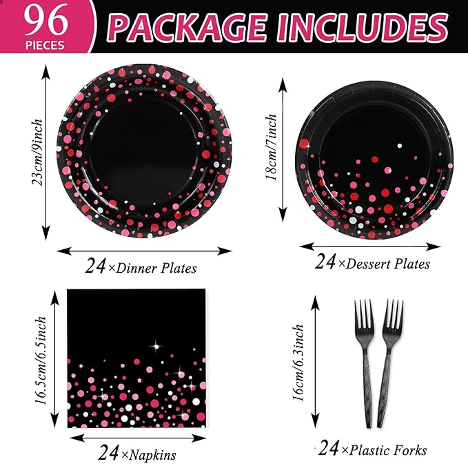 96PCS Hot Pink and Black Party Supplies Hot Pink Dots on Black Paper Plates Napkins Bachelorette Bridal Shower Party Decorations Girl Birthday Dinnerware Favor Coquette Tableware Serves 24