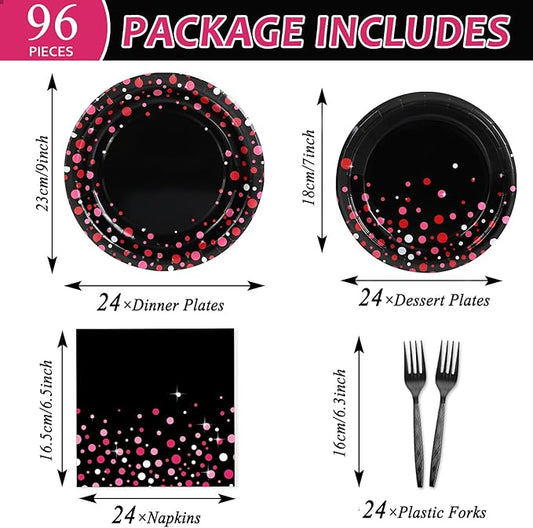 96PCS Hot Pink and Black Party Supplies Hot Pink Dots on Black Paper Plates Napkins Bachelorette Bridal Shower Party Decorations Girl Birthday Dinnerware Favor Coquette Tableware Serves 24