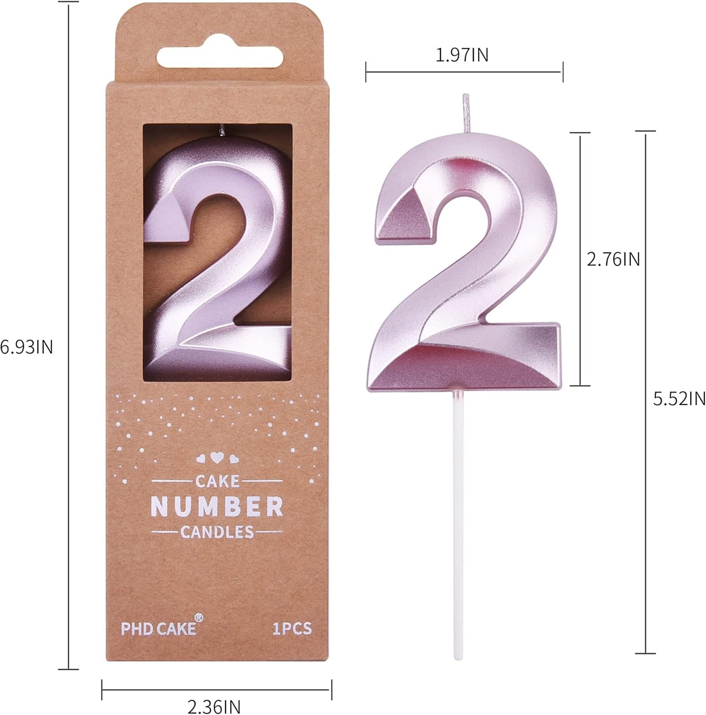 PHD CAKE 2.76 Inch Diamond Rose Gold 2 Number Birthday Candles, Rose Gold Number Candles, Cake Number Candles, Party Celebration
