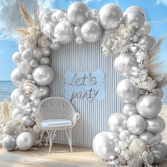 Silver Balloon Arch Kit Double Stuffed Pearl Metallic Silver Balloon Garland Different Size With Clear Balloons for Birthday Valentines Day Engagement Wedding Bridal Baby Shower Graduation Party Decor