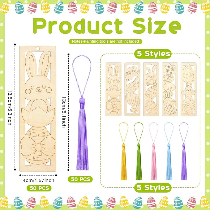 Yexiya 100 Pcs/50 Set Easter Wooden Bookmarks DIY Craft Kit, Bunny Egg Flower Bookmark Art Set for Book Lovers, Easter Birthday Party Holiday Gifts Art Project