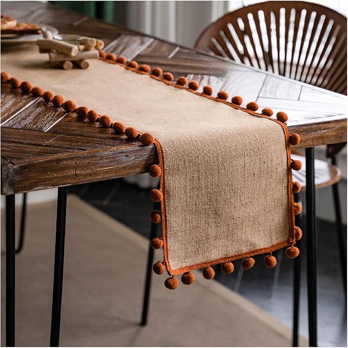 Natural Jute Table Runner, Burlap Style Table Runner, Rustic Farmhouse Table Runner Country Vintage for Wedding, Party Table Decorations, Boho Décor Jute Orange Balls 12x48 inch TAB28