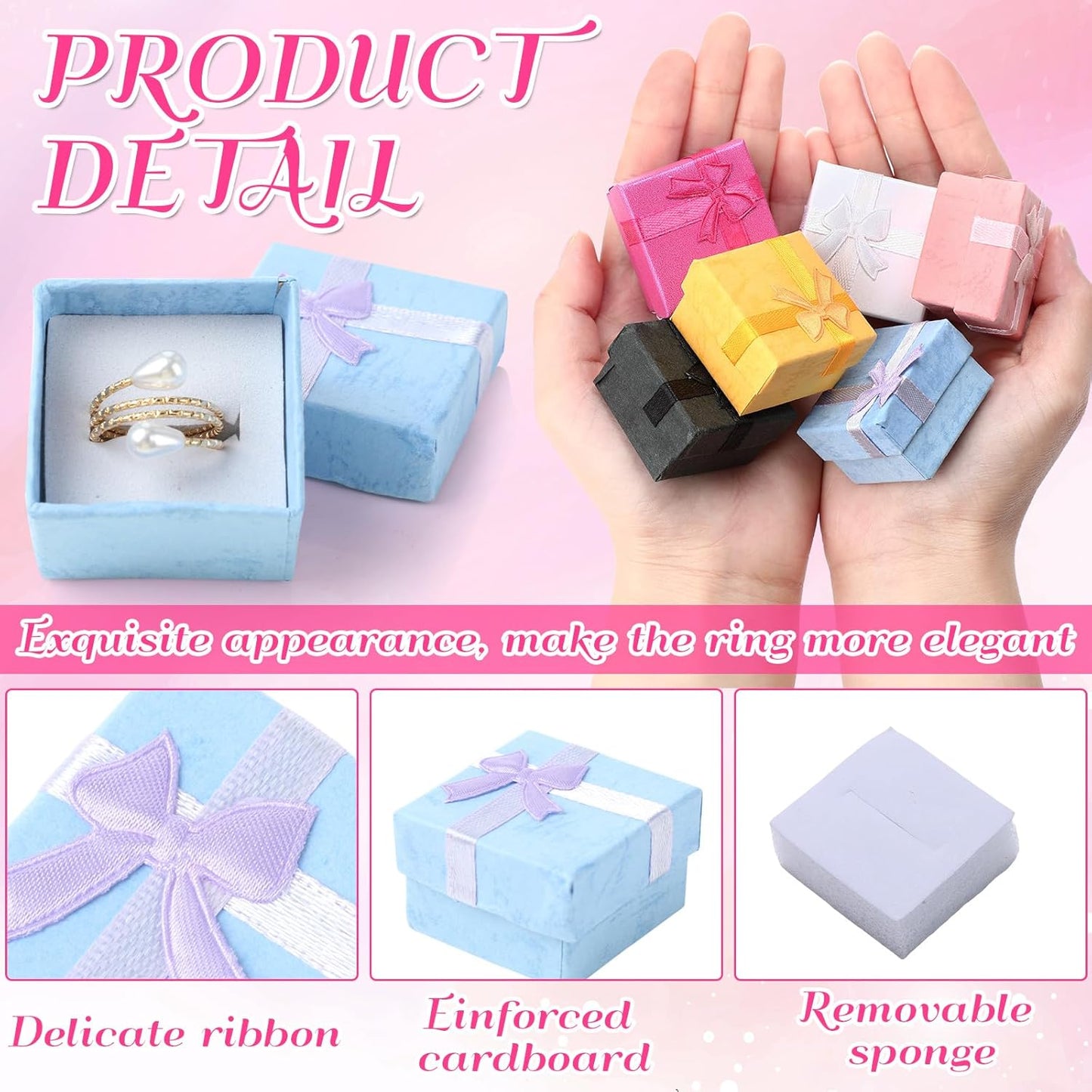 72 Pcs Ring Boxes 1.6 x 1.6 In Hard Cardboard Jewelry Box with Ribbon Bow Small Jewelry Gift Cases for Small Business(Bright Color)