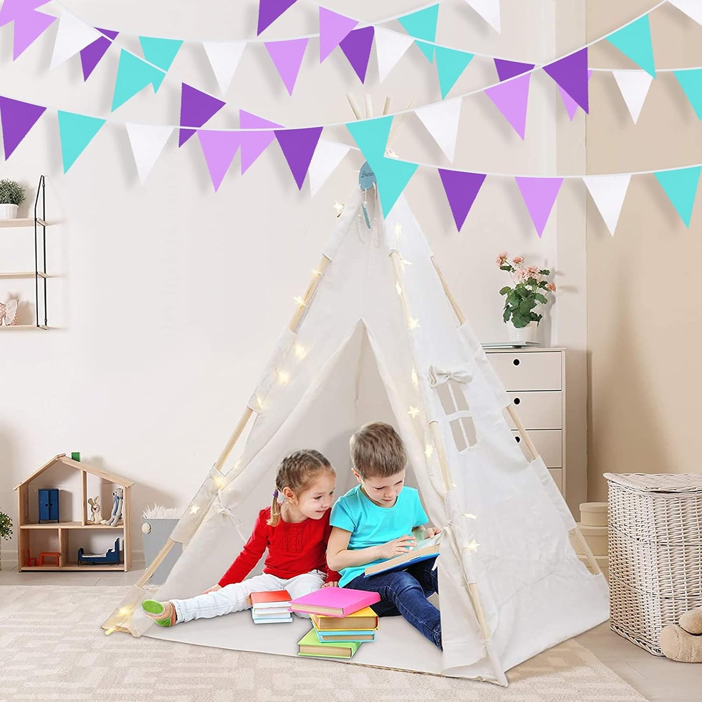 10M/32Ft Purple Aqua Blue and White Banner Decorations Triangle Flag Fabric Pennant Bunting Garland for Little Mermaid Theme Girls Birthday Wedding Bachelorette Baby Shower Under The Sea Party(36Pcs)