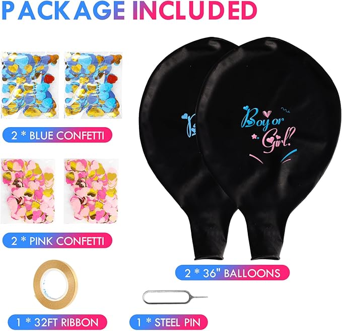 Jumbo 36 Inch Gender Reveal Balloons - 2pcs Big Black Gender Reveal Confetti Balloons with Pink and Blue Heart Shape Confetti for Boy or Girl Baby Shower ideas Decoration