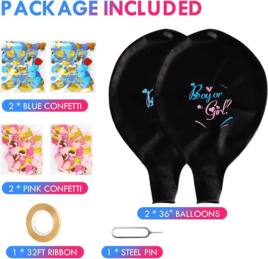 Jumbo 36 Inch Gender Reveal Balloons - 2pcs Big Black Gender Reveal Confetti Balloons with Pink and Blue Heart Shape Confetti for Boy or Girl Baby Shower ideas Decoration