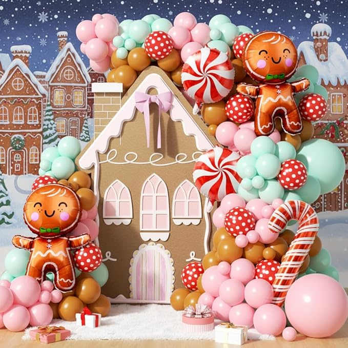 160Pcs Christmas Balloon Arch Garland Kit Xmas Pastel Pink Green Brown Latex Balloons Gingerbread Man Candy Cane Foil Balloons Arch Kit for Christmas New Year Party Birthday Party Decorations