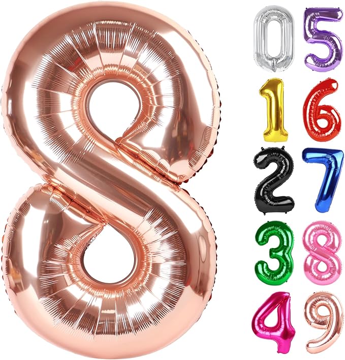 Rose Gold Number 8 Balloon 40 Inch, 8th Birthday Party Decorations for Children, Giant 8 Foil Balloon for Party Supplies
