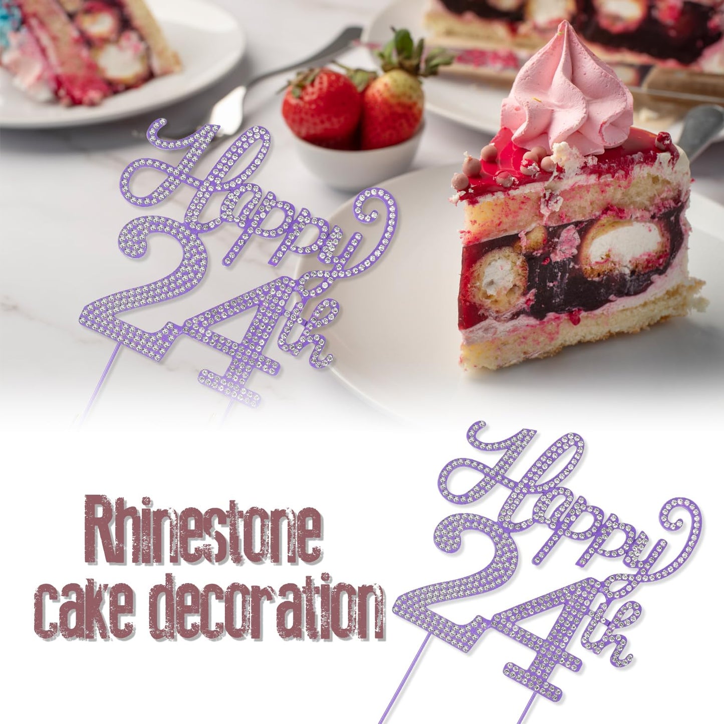 LASKYER Happy 24th Birthday Purple Rhinestone Cake Topper - 24th Birthday/Anniversary,Cheers to 24 Years Old Bday Party Metal Sparkly Centerpieces Decorations.