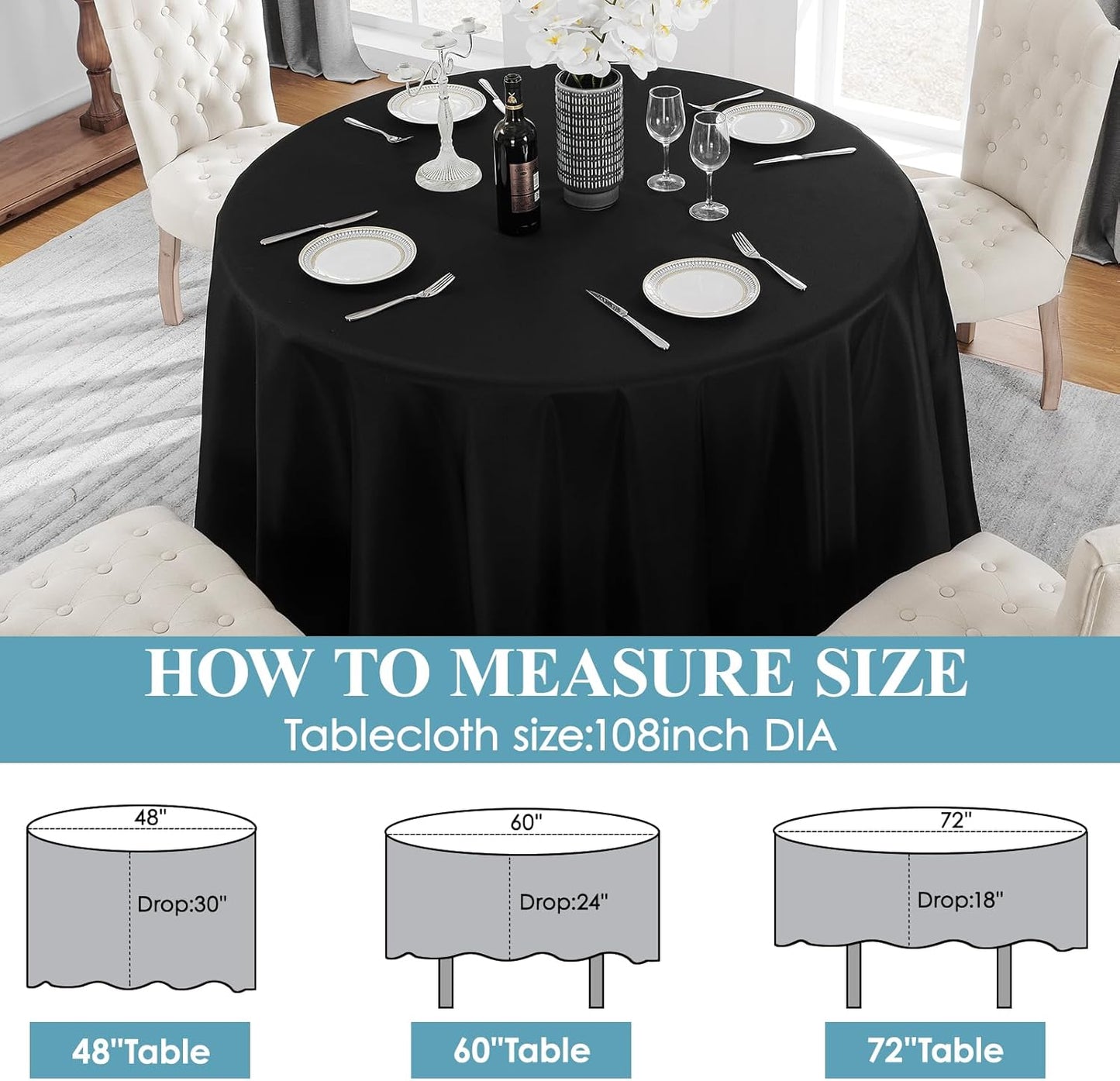 Vidafete 10 Pack 108inch Round Tablecloth Polyester Table Cloth，Stain Resistant and Wrinkle Polyester Dining Table Cover for Kitchen Dinning Party Wedding Rectangular Tabletop Buffet Decoration(Black)