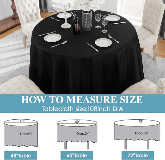 VidaFete 6 Pack 108inch Round Tablecloth Polyester Table Cloth，Stain Resistant and Wrinkle Polyester Dining Table Cover for Kitchen Dinning Party Wedding Rectangular Tabletop Buffet Decoration(Black)
