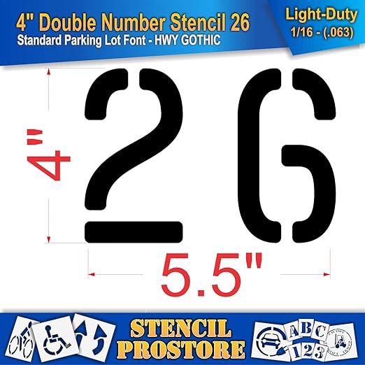 Pavement, Curb, and WheelStop Stencils - 4 inch Double Number Stencil - (26) - 4" x 5.5" x 1/16" (63 mil) - Light-Duty