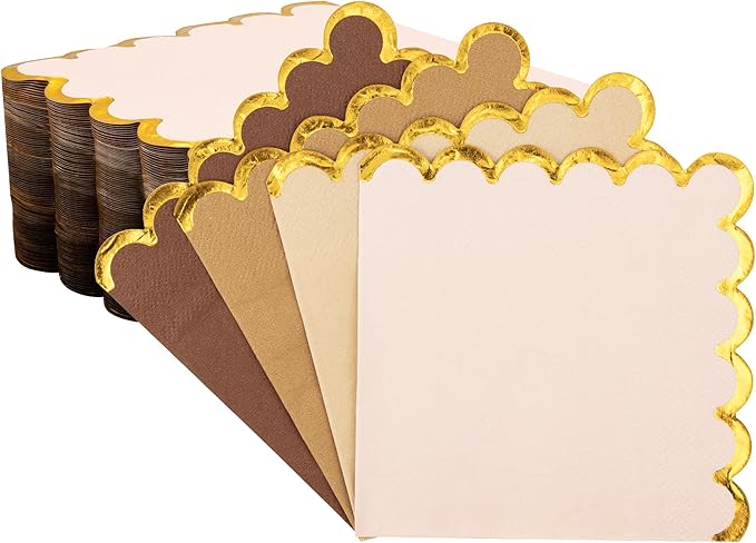 100 Pcs Brown Scalloped Napkins with Gold Foil Gradient Color Cocktail Napkin Folded 5 x 5 Beverage Napkins Disposable Paper Napkins for Birthday Party Supplies
