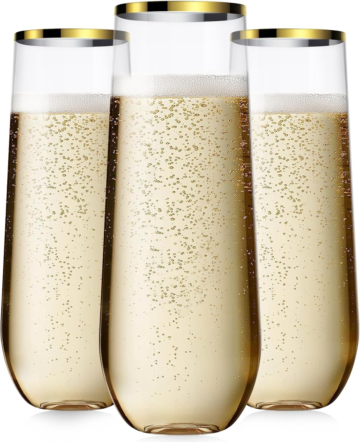 48 Pcak Champagne Flutes Plastic, 9 Oz Disposable Stemless Mimosa Gold Rim Toasting Glasses, Clear Crystal Plastic Cocktail Cups for Party Wedding Birthday