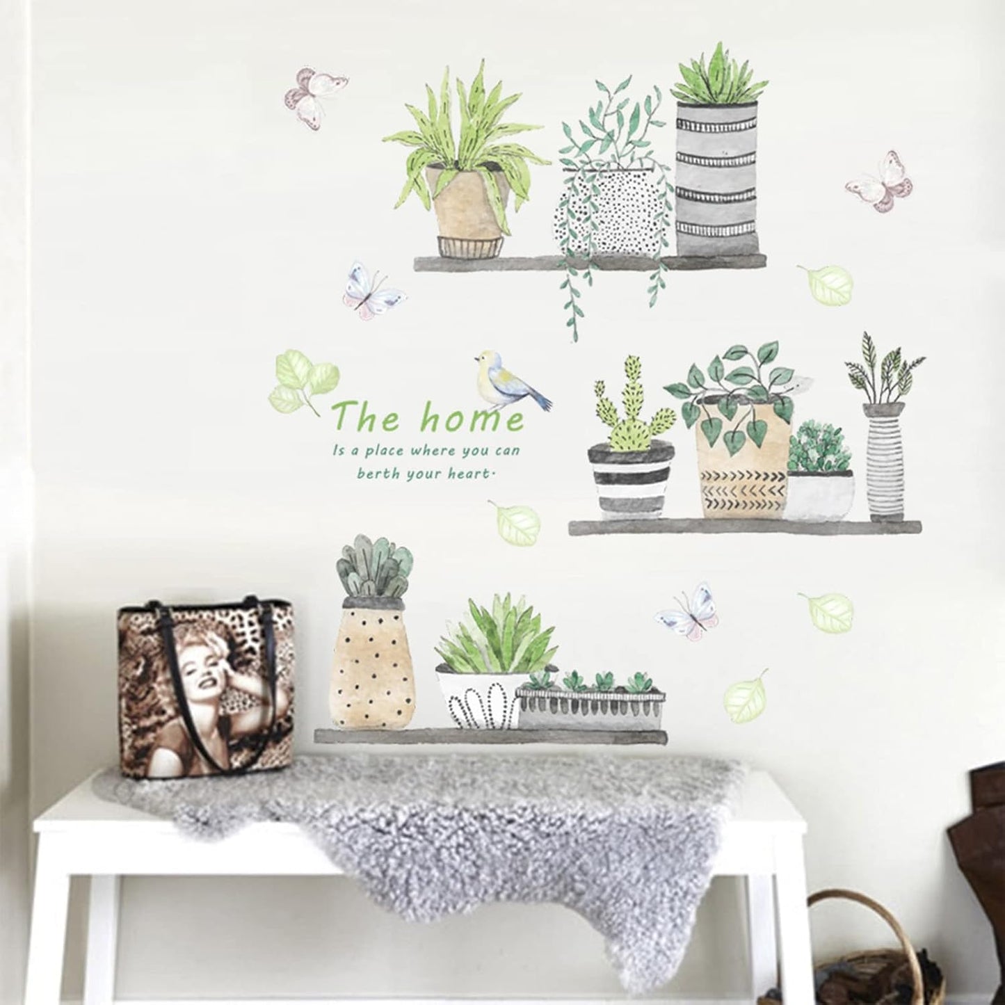 2 Set Plant Wall Decals Kitchen Wall Stickers Wall Decor Murals for Bathroom Bedroom Living Room Wall Art Decal Boho Hanging Shelves Tree Wall Decal Room Decor 3D Wall Art Decoration Peel and Stick