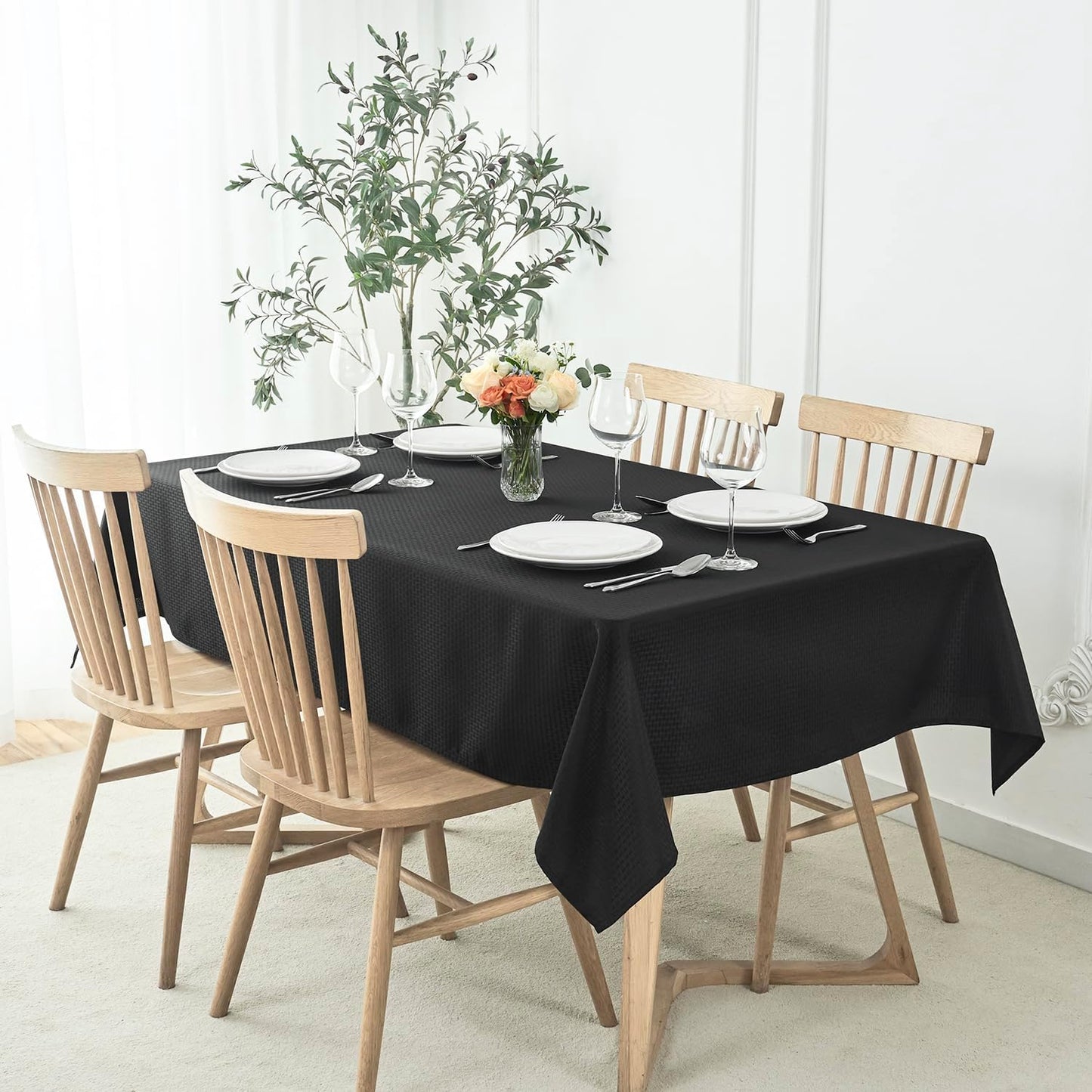 maxmill Weaved Texture Tablecloth Water Resistance Antiwrinkle Spillproof Soft Washable Table Cloth for Dining Room, Buffet Banquet Parties Holiday Dinner, Rectangular 70 x 108 Inch, Black