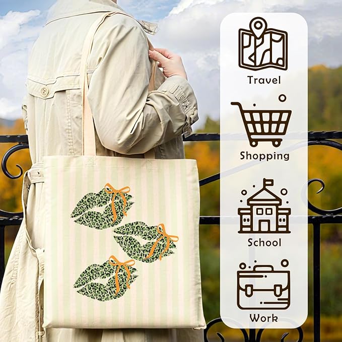 Coquette Bow Green Leopard Lip Tote Bag for Women,Trendy Cheetah Print Canvas Tote Bag for Girls,Girly Leopard Lip Print Aesthetic Reusable Shopping Grocery Bags Party Favors
