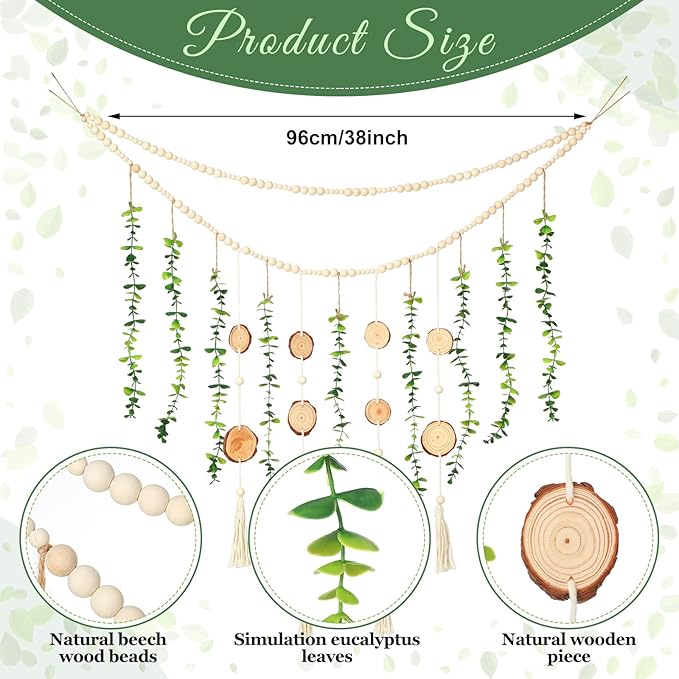 Jetec Hanging Eucalyptus Boho Wall Decor 36 x 36 Inch Boho Wall Hanging Wooden Bead Garland Artificial Greenery Leaves Stems Eucalyptus Garland for Bedroom Living Room Greenery Decoration
