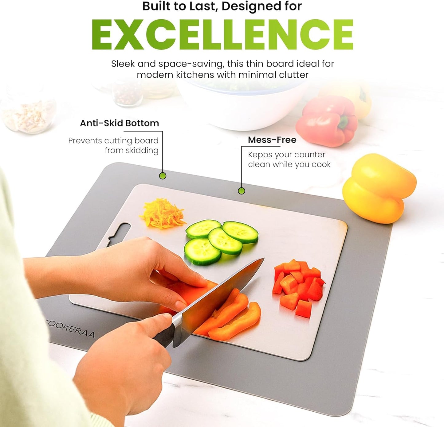 Titanium Cutting Board with Anti-Slip Silicone Pad & Multipurpose Scraper, Food Grade Rustproof Stainless Steel Cutting Board Kitchen Set, Space Saving Design, Non-Skid Bottom (14" x 10")