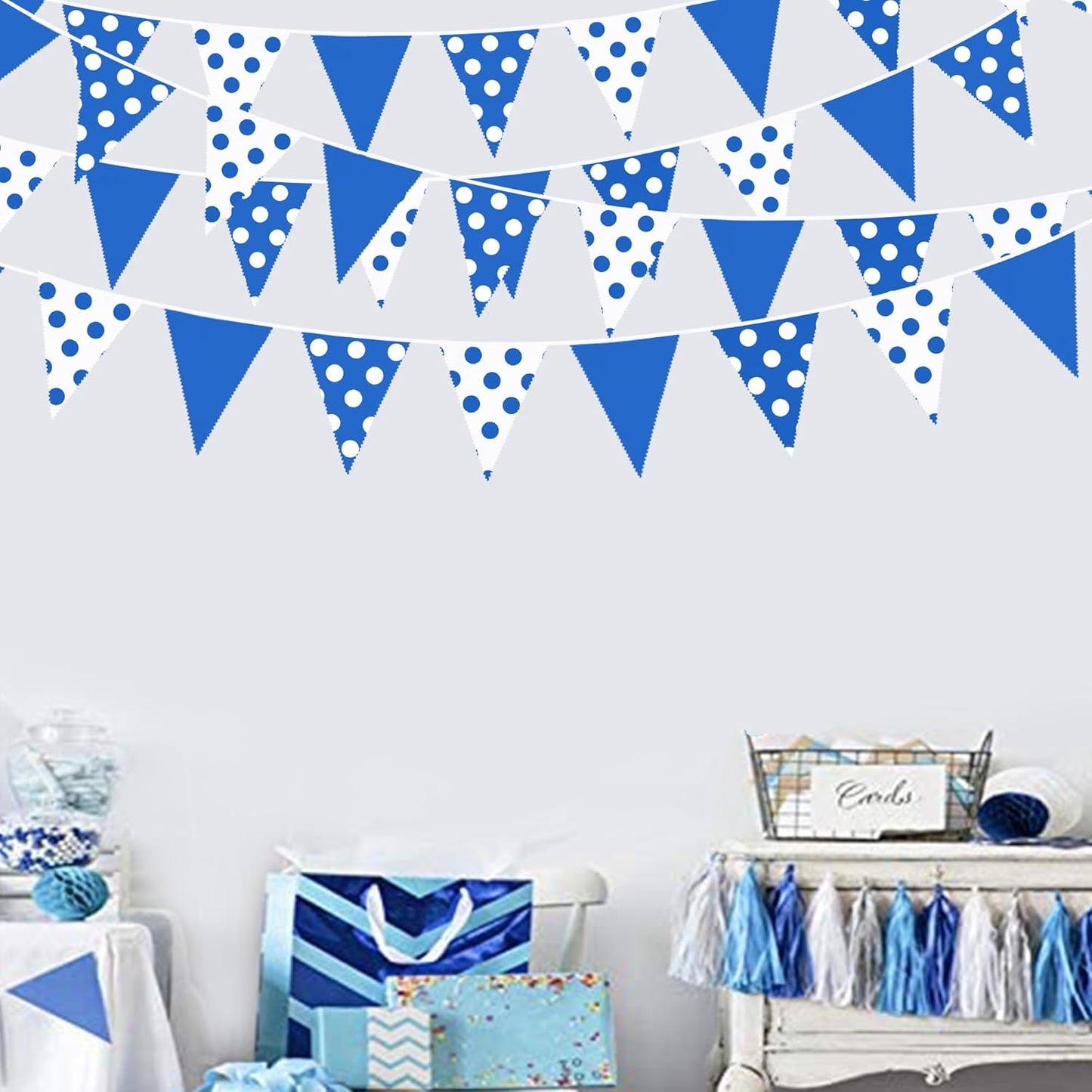 32Ft Deep Blue Party Decorations Blue White Fabric Polka Dot Triangle Banner Flag Pennant Bunting Garland Streamers for Picnic Racing Car BBQ Birthday Baby Shower Outdoor Garden Oktoberfest Decor