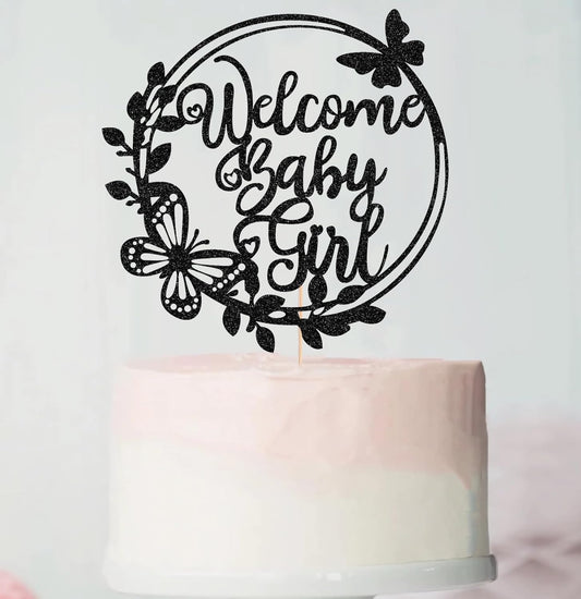 Welcome Baby Girl Cake Topper - Black Glitter Baby Shower Cake Decorations, Baby Girl Cake Decor, for Baby Shower/Birthday Party/Gender Reveal Party Photo Booth Props