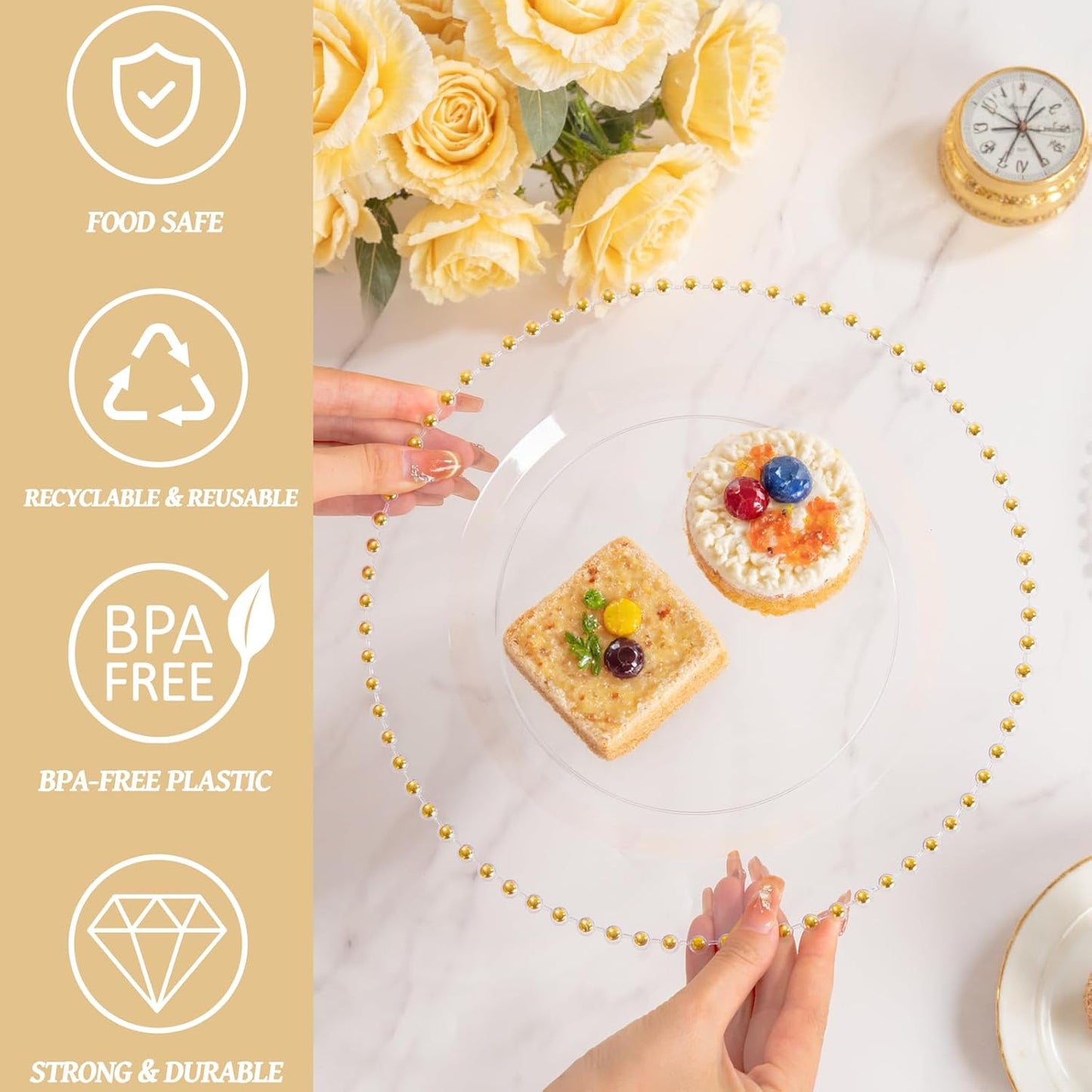 supernal 100 Pieces Clear Plastic Plates, 10 Inch Elegant Disposable Plates with Gold Rim, Heavy Duty Plastic Dinner Plates for Christmas, Thanksgiving, Party, Wedding and Birthday