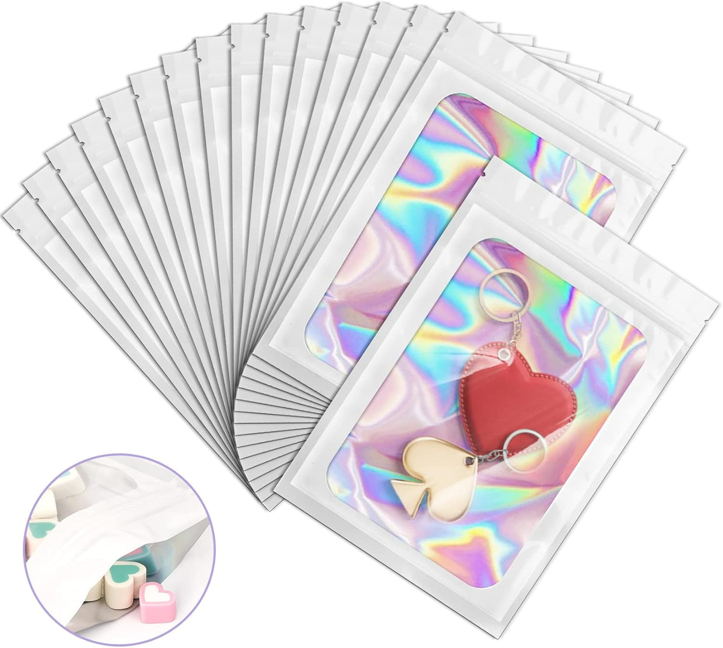 100 Pieces Smell Proof Mylar Bags, Holographic Packaging Bags, Resealable Odor Foil Pouch Zipper Bag with Clear Window for Food Storage and Lipgloss, Jewelry Lash (White, 4.3 x 7.5 Inch)