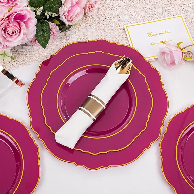 Liacere 175PCS Red Plastic Plates - Disposable Burgundy Red and Gold - 25guest Baroque Plastic Dinnerware include 50Plates, 25Pack Pre Rolled Napkins with Silverware 25Cups for Party