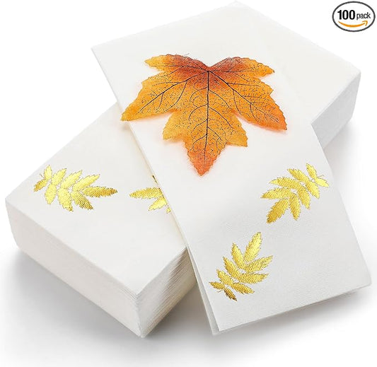 Janlaugh 100 Pcs Gold Thanksgiving Linen Disposable Bathroom Hand Towels Pumpkin Maple Leaves Foil Stamped Guest Napkins 12"x17" Paper Towels for Bathroom Home Lunch Dinner Kitchen(Leaf)