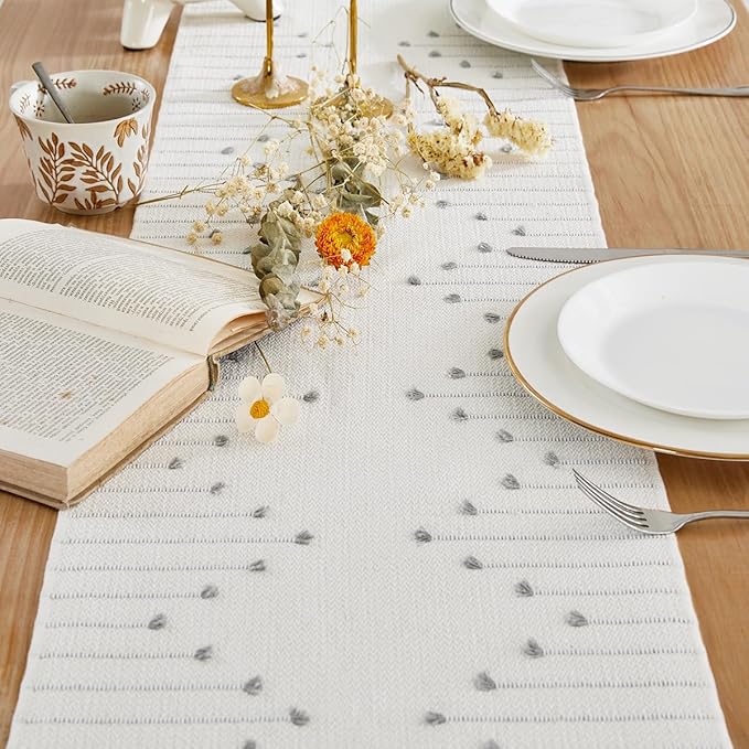 Wracra Boho Table Runner, Natural Cotton Woven Macrame Table Runners 48 Inches Long for Modern Farmhouse Woven Home Decor, 14x48 Inch, Grey