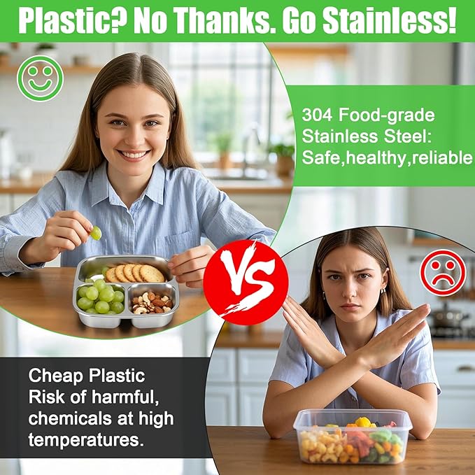 Palksky Snackle Box Container Stainless Steel, 2Pack Reusable Snack Bento Box with Lids, 3 Compartments Metal Food Storage Containers for Picnic, Travel