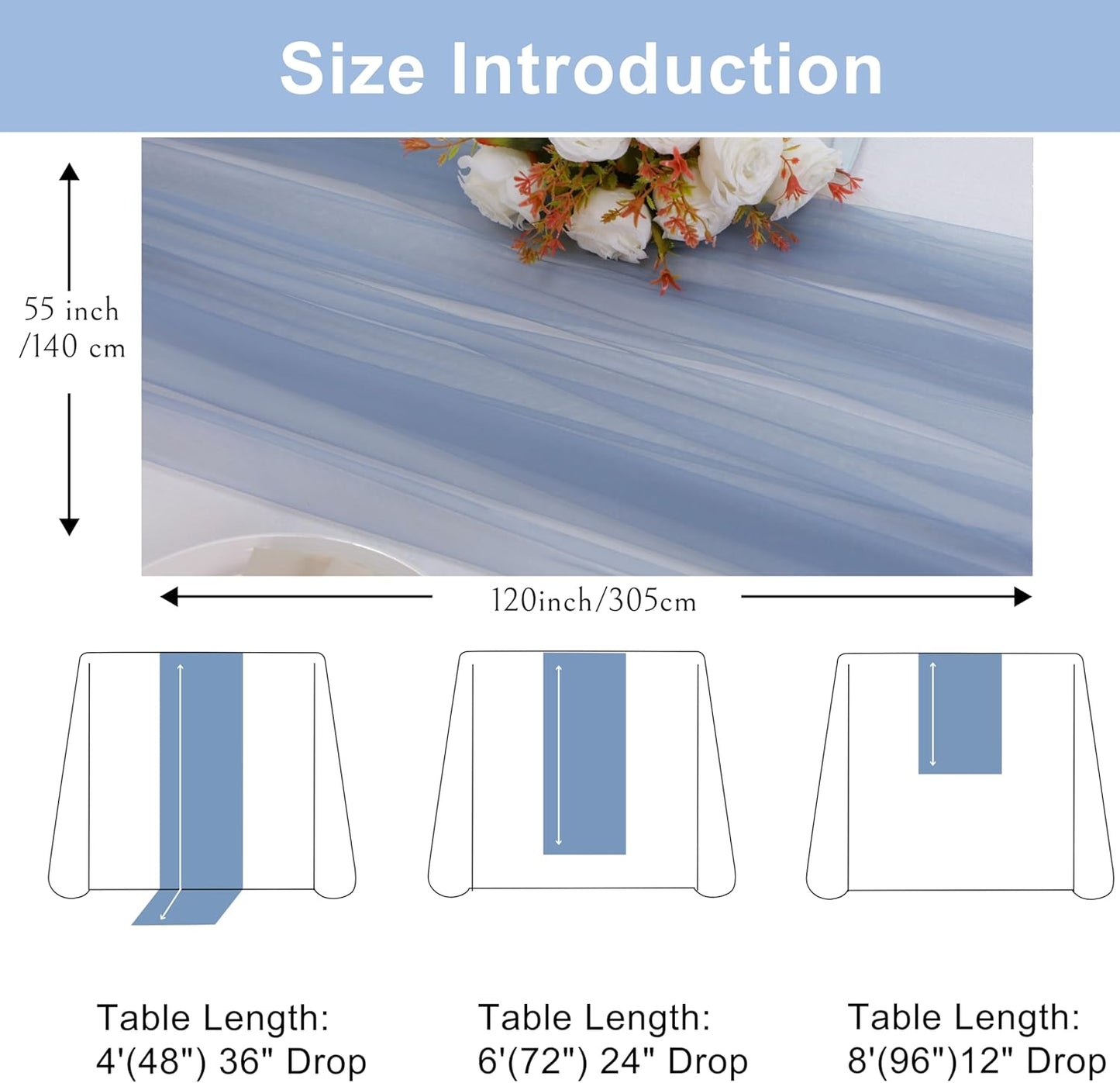 Snowkingdom Dusty Blue Table Runner, 10FT Blue Tulle Cheesecloth Gauze Sheer Boho Rustic Table Runner, Romantic Cheese Cloth for Wedding Party Decorations Christmas Baby Shower Home Decor 120 inch