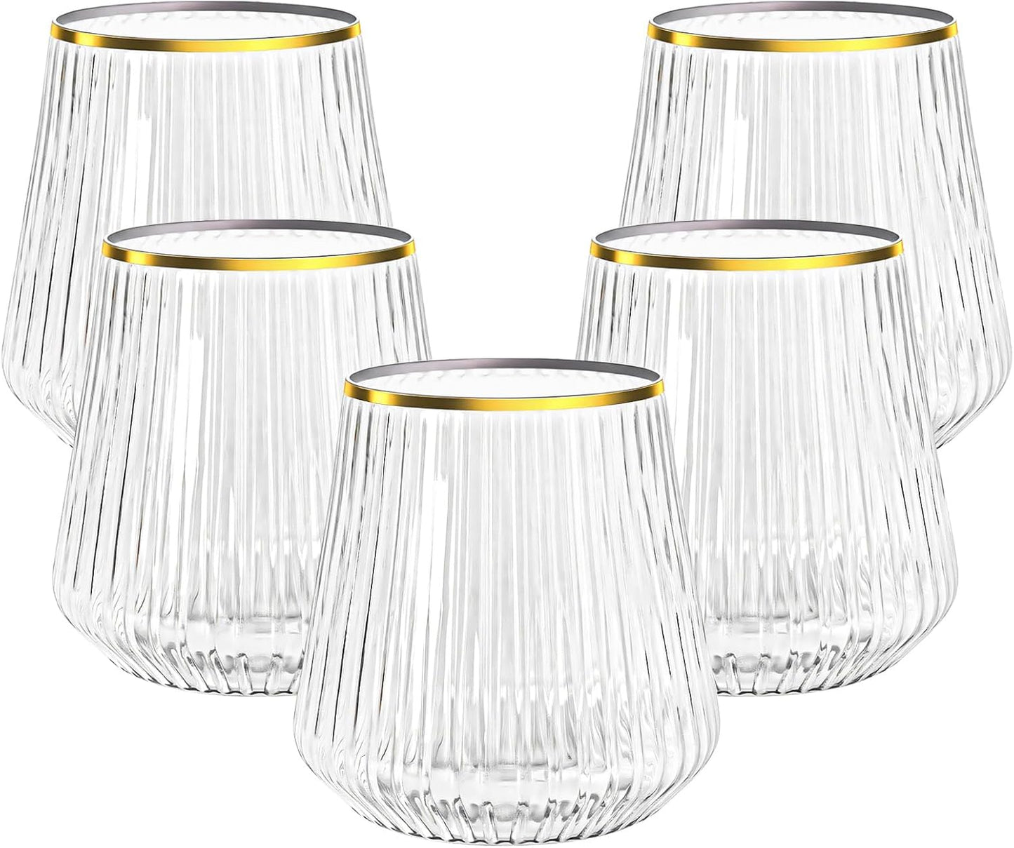 N9R 24 Count 12oz Clear Plastic Wine Cups with Gold Rim - Elegant Origami Ripple Design, Shatterproof & Disposable for Whiskey, Cocktail, Champagne, Parties, Weddings, Events