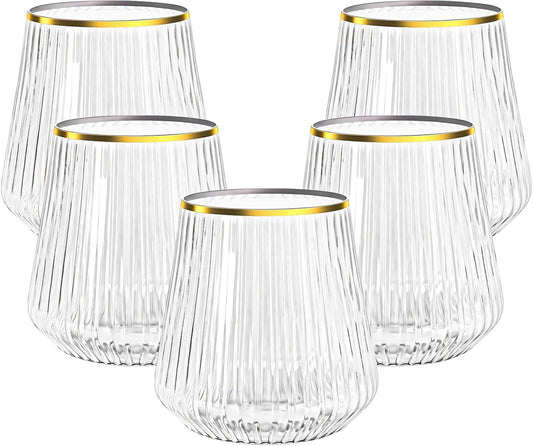 N9R 24 Count 12oz Clear Plastic Wine Cups with Gold Rim - Elegant Origami Ripple Design, Shatterproof & Disposable for Whiskey, Cocktail, Champagne, Parties, Weddings, Events