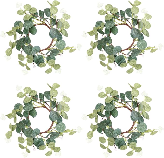 4 Pieces Pillar Candle Rings Wreaths, Artificial Eucalyptus Leaves Wreaths Greenery Candleholders, Rustic Farmhouse Decorative Wreath for Easter Christmas Wedding Party Home Table Door