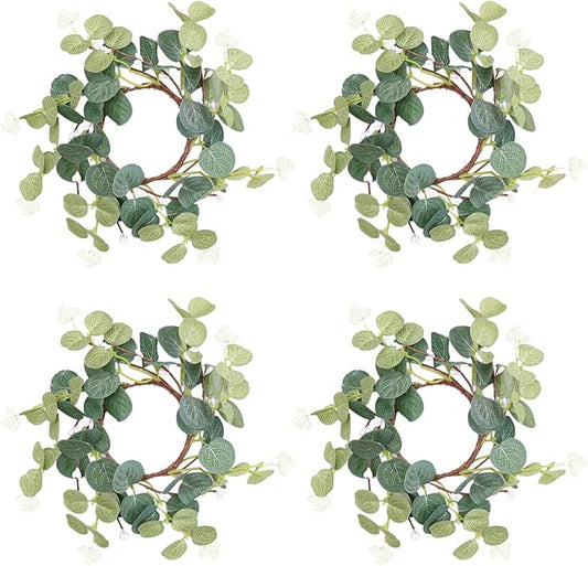 4 Pieces Pillar Candle Rings Wreaths, Artificial Eucalyptus Leaves Wreaths Greenery Candleholders, Rustic Farmhouse Decorative Wreath for Easter Christmas Wedding Party Home Table Door