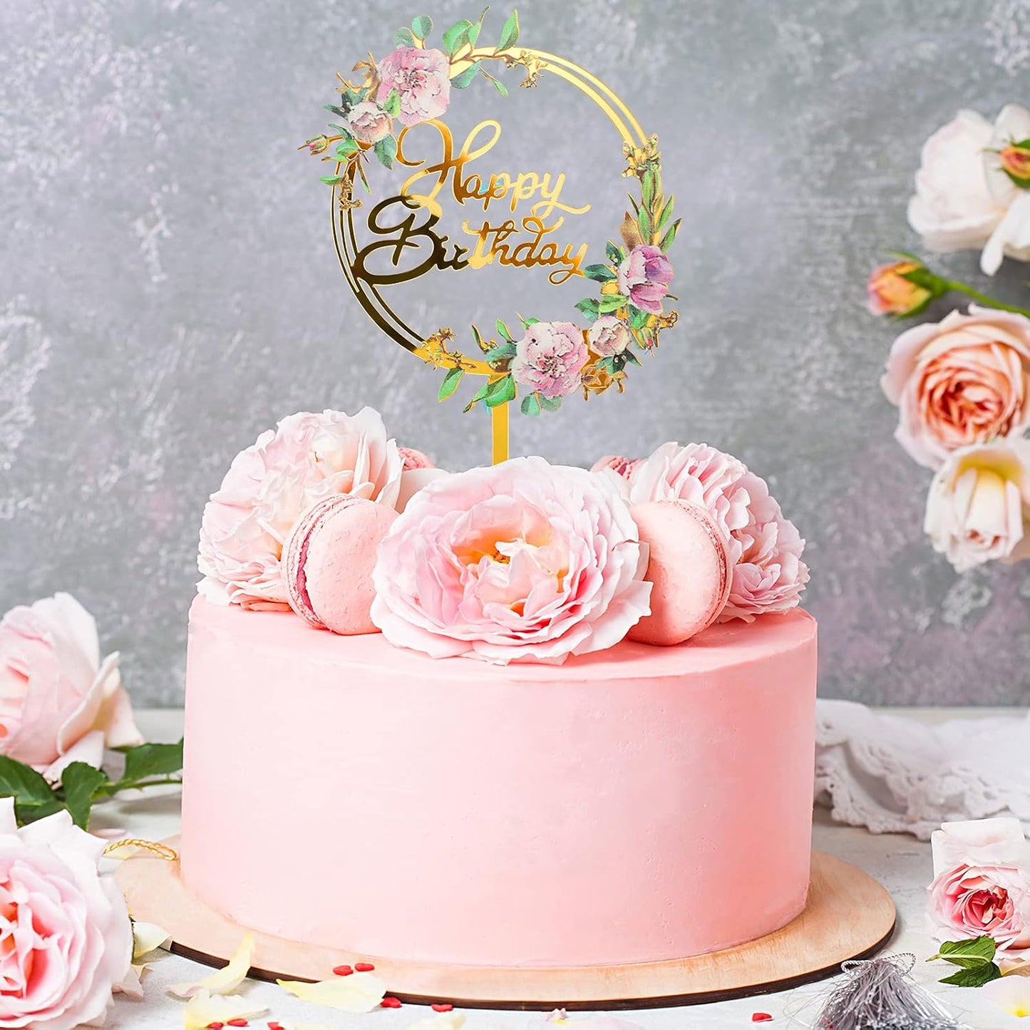 Jetec 6 Pieces Happy Birthday Cake Toppers Gold Flower Acrylic Cupcake Cake Toppers for Various Birthday Party Anniversary Pastries Decorations