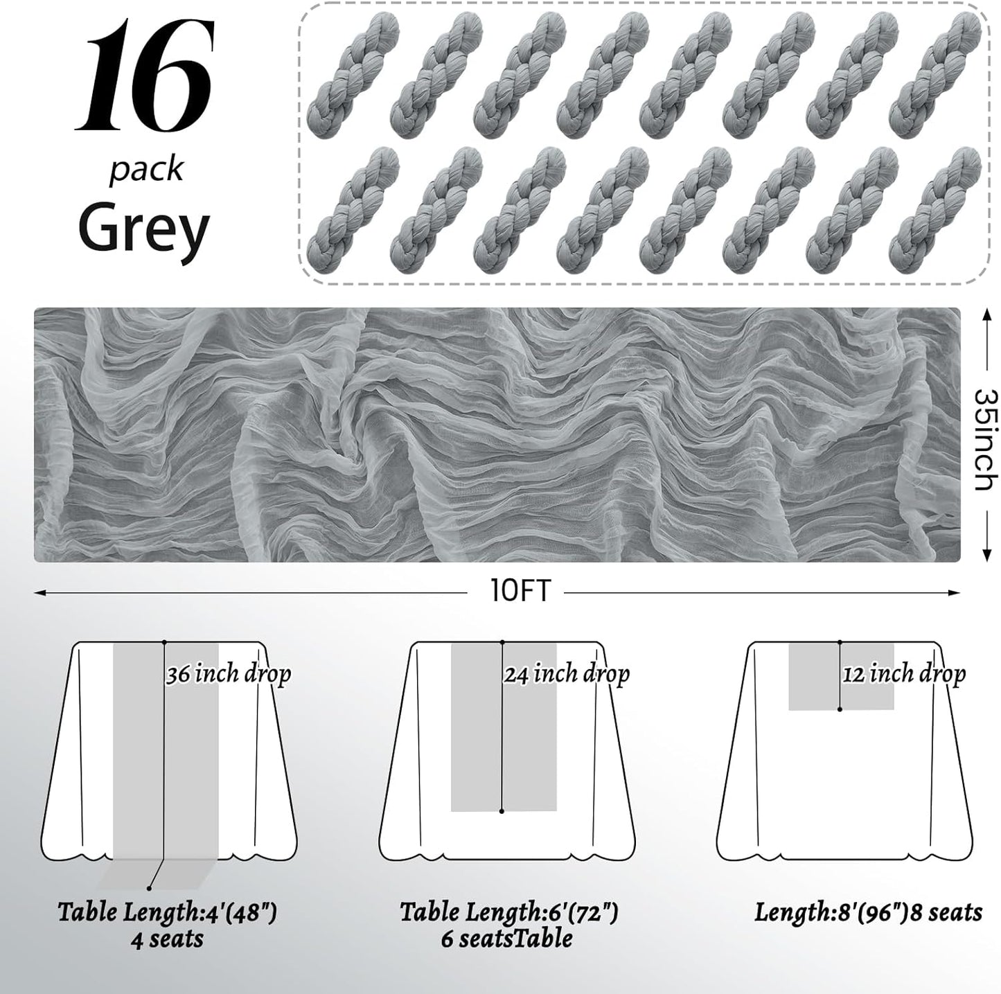 16Pack Grey Table Runner 10FT Cheesecloth Table Runner 35x120Inch Long Boho Cheese Cloth Table Runners Rustic Gauze Table Runners for Party Wedding Bridal Shower Baby Shower Decorations