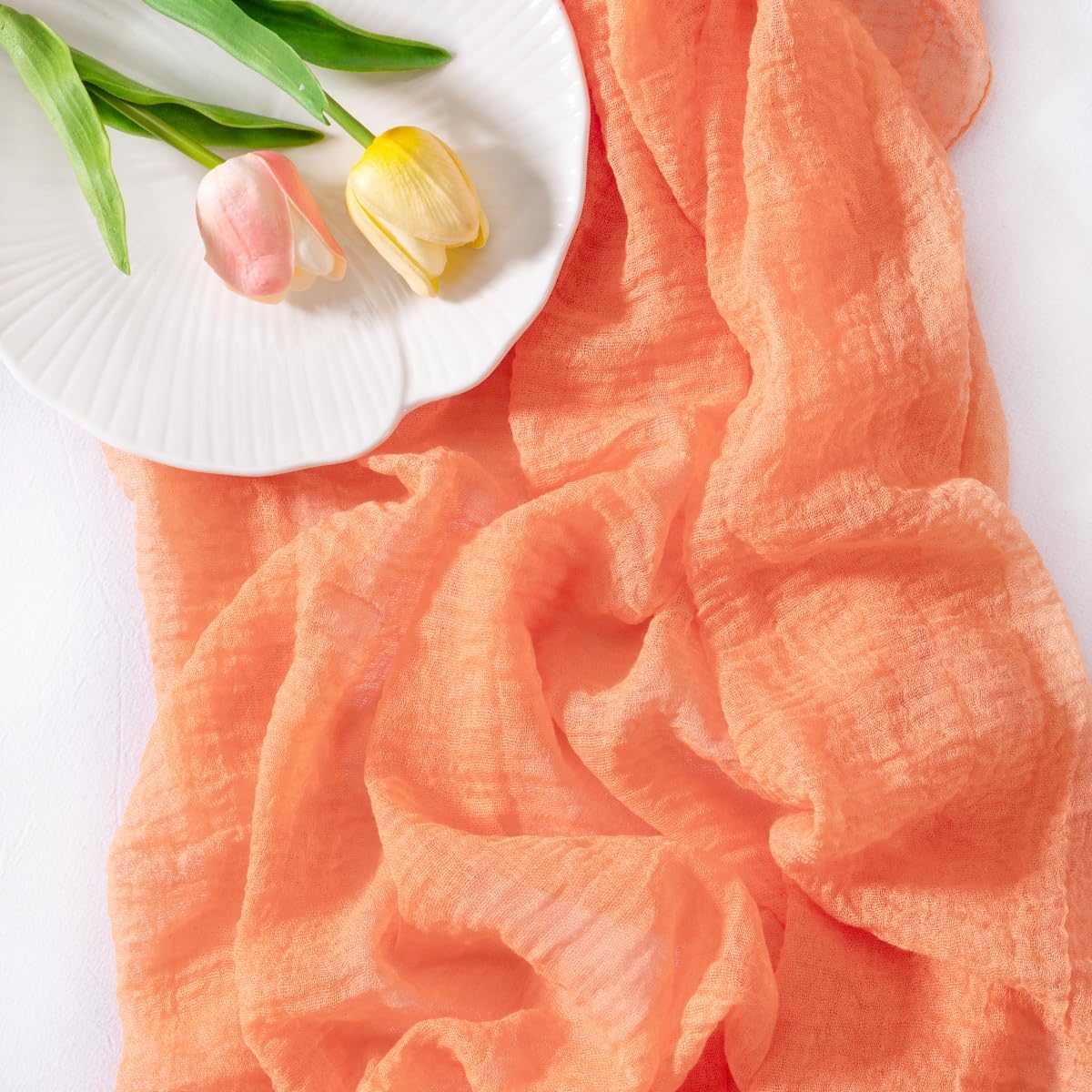 Socomi Peach Orange Fall Thanksgiving Gauze Cheesecloth Table Runner 120 Inch Rustic Boho Cheese Cloth Runner for Wedding Party Baby Bridal Shower Centerpiece Decoration Holiday Home Decorations