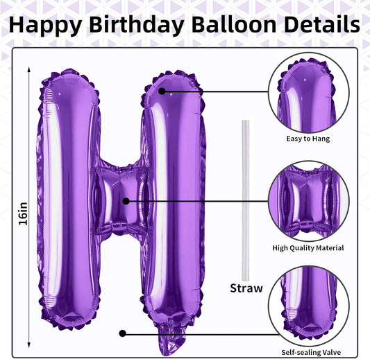 Purple Happy Birthday Balloon Banner, 16 Inch Lilac Happy Birthday Bunting Banner with Letter Foil Balloons for Girl Women Princess Galaxy Magic Witch Glam Theme Birthday Party Decorations Supplies