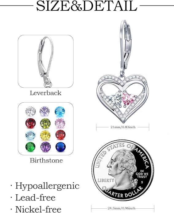Valentines Day Gifts for Women, Heart Leverback Earrings Double Birthstone Dangle Earrings for Women, Love Jewelry for Her, Anniversary Birthday Gift for Mom Wife Girlfriend