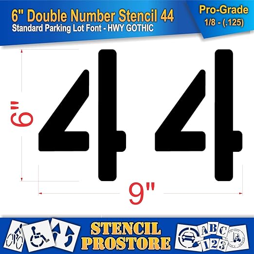 Pavement, Curb, and WheelStop Stencils - 6 inch Double Number Stencil - (44) - 6" x 9" x 1/8" (128 mil) - Pro-Grade